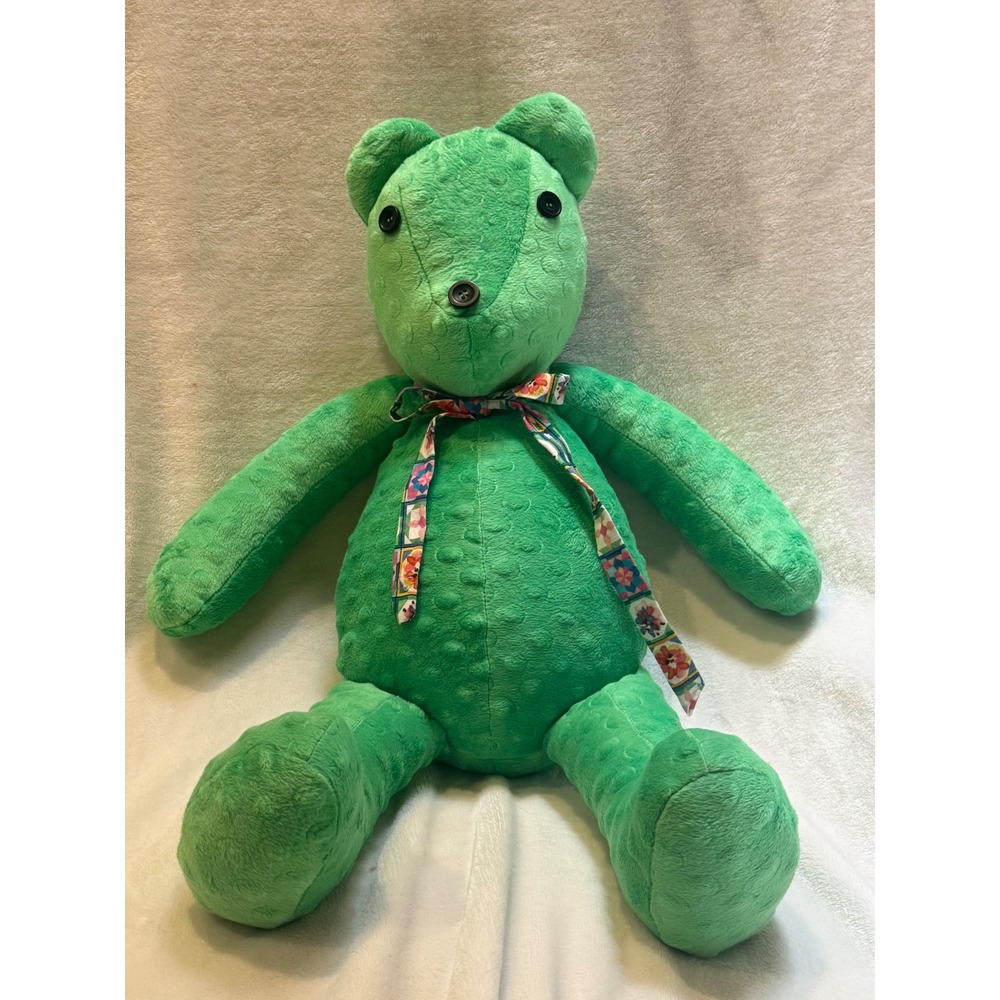 Handmade Green Minky Dot Teddy Bear Plush Button Eyes Floral‎ Ribbon 15"